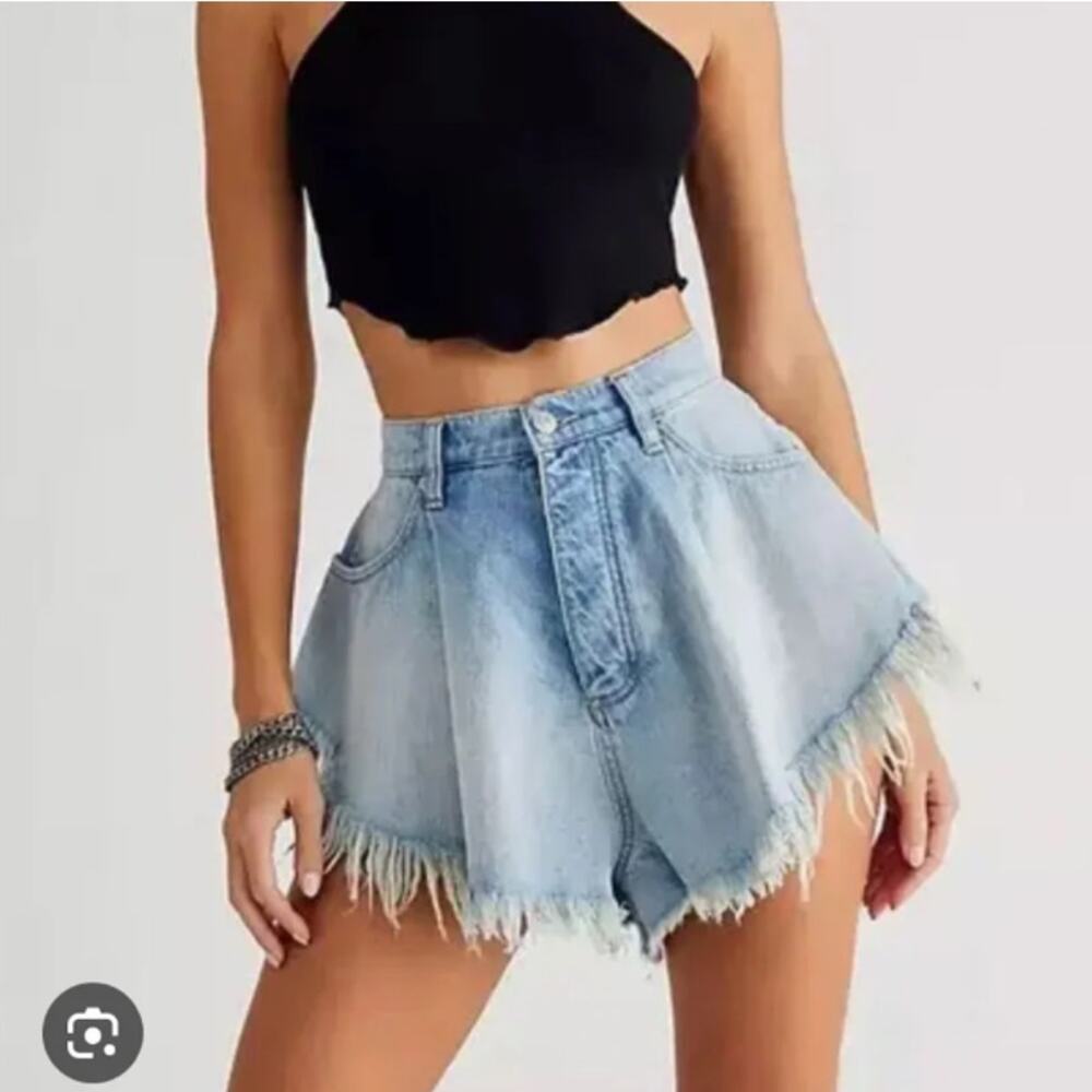 We The Free Light Blue Distressed High-Waist Jean Shorts